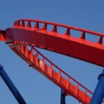 Vía metálica de una montaña rusa con una curva pronunciada recortada contra el cielo
